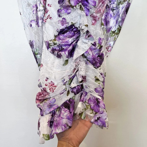 For Love & Lemons Purple Metallic Floral Lace Ruffle Cut Out Cocktail Mini Dress - Picture 6 of 13